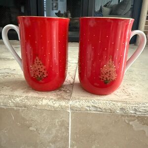 VINTAGE OTAGIRI CHRISTMAS SET OF 2 CUPS MUGS FINE CHINA JAPAN RED GOLD 8 oz